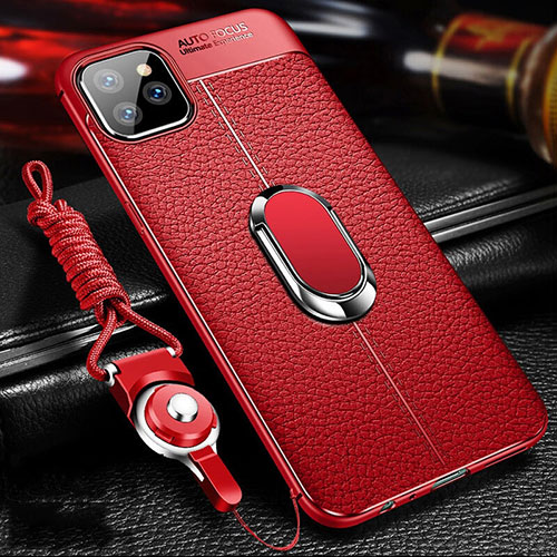 Soft Silicone Gel Leather Snap On Case Cover with Magnetic Finger Ring Stand T03 for Apple iPhone 11 Pro Red