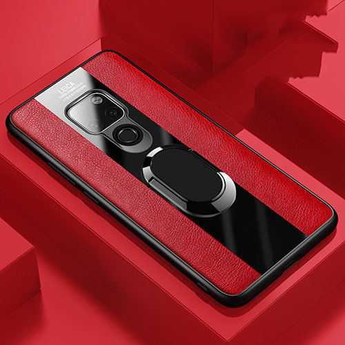 Soft Silicone Gel Leather Snap On Case Cover with Magnetic Finger Ring Stand T03 for Huawei Mate 20 Red