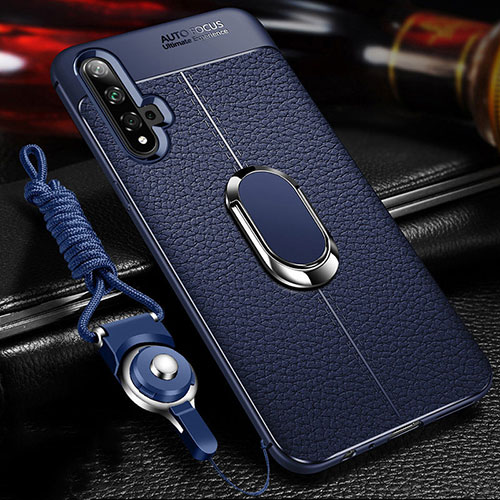 Soft Silicone Gel Leather Snap On Case Cover with Magnetic Finger Ring Stand T03 for Huawei Nova 5 Blue