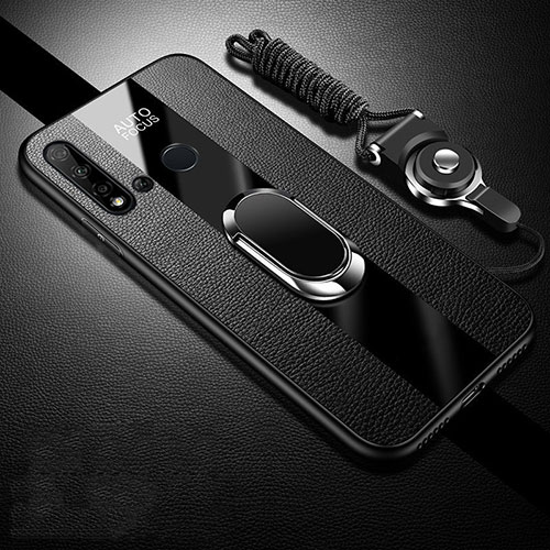 Soft Silicone Gel Leather Snap On Case Cover with Magnetic Finger Ring Stand T03 for Huawei Nova 5i Black