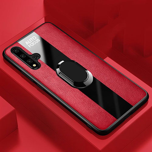 Soft Silicone Gel Leather Snap On Case Cover with Magnetic Finger Ring Stand T03 for Huawei Nova 5T Red