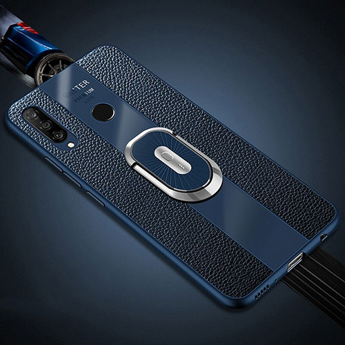 Soft Silicone Gel Leather Snap On Case Cover with Magnetic Finger Ring Stand T03 for Huawei P30 Lite Blue
