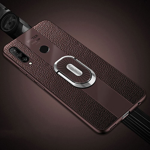 Soft Silicone Gel Leather Snap On Case Cover with Magnetic Finger Ring Stand T03 for Huawei P30 Lite Brown
