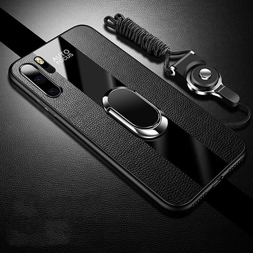 Soft Silicone Gel Leather Snap On Case Cover with Magnetic Finger Ring Stand T03 for Huawei P30 Pro Black