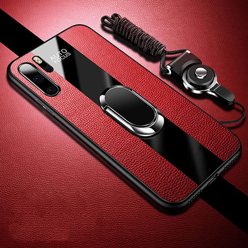 Soft Silicone Gel Leather Snap On Case Cover with Magnetic Finger Ring Stand T03 for Huawei P30 Pro Red