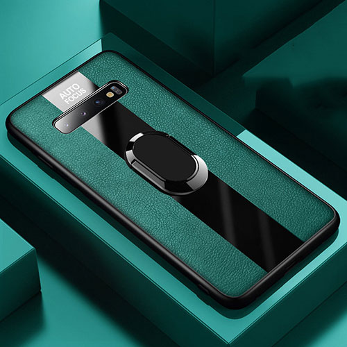 Soft Silicone Gel Leather Snap On Case Cover with Magnetic Finger Ring Stand T03 for Samsung Galaxy S10 Green