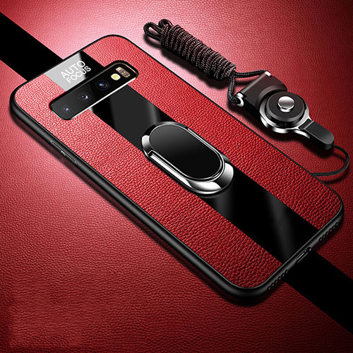 Soft Silicone Gel Leather Snap On Case Cover with Magnetic Finger Ring Stand T03 for Samsung Galaxy S10 Plus Red