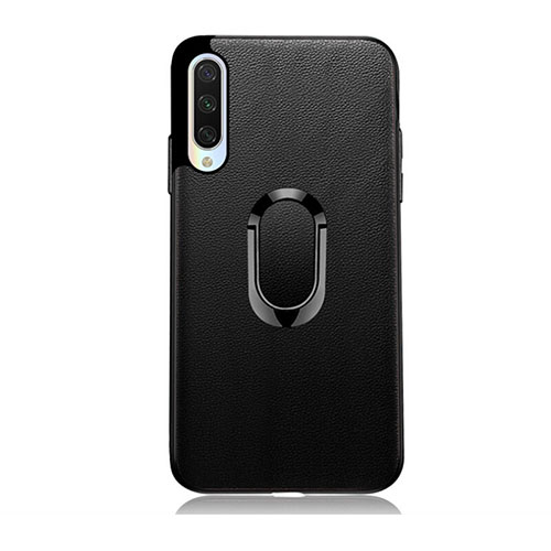 Soft Silicone Gel Leather Snap On Case Cover with Magnetic Finger Ring Stand T03 for Xiaomi Mi A3 Black