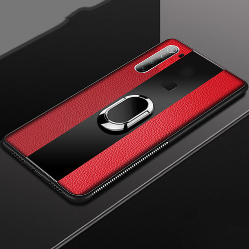 Soft Silicone Gel Leather Snap On Case Cover with Magnetic Finger Ring Stand T03 for Xiaomi Redmi Note 8 (2021) Red