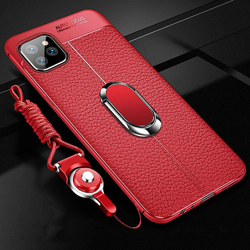 Soft Silicone Gel Leather Snap On Case Cover with Magnetic Finger Ring Stand T04 for Apple iPhone 11 Pro Red