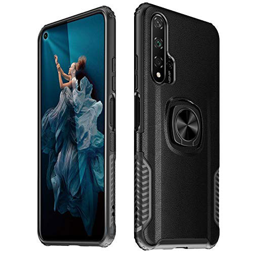 Soft Silicone Gel Leather Snap On Case Cover with Magnetic Finger Ring Stand T04 for Huawei Honor 20 Pro Black