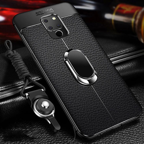 Soft Silicone Gel Leather Snap On Case Cover with Magnetic Finger Ring Stand T04 for Huawei Mate 20 Black