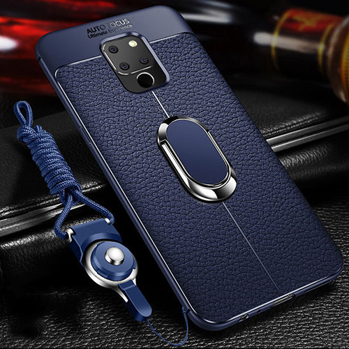 Soft Silicone Gel Leather Snap On Case Cover with Magnetic Finger Ring Stand T04 for Huawei Mate 20 Blue