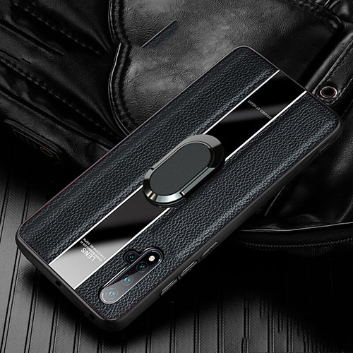 Soft Silicone Gel Leather Snap On Case Cover with Magnetic Finger Ring Stand T04 for Huawei Nova 5 Black