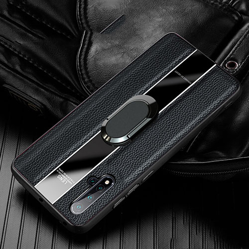 Soft Silicone Gel Leather Snap On Case Cover with Magnetic Finger Ring Stand T04 for Huawei Nova 5 Pro Black