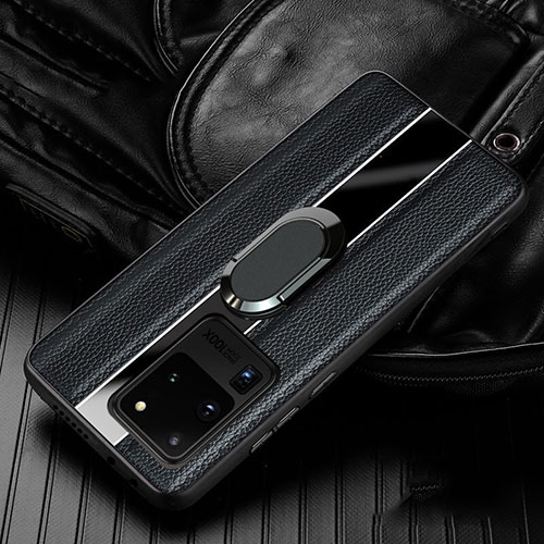 Soft Silicone Gel Leather Snap On Case Cover with Magnetic Finger Ring Stand T04 for Samsung Galaxy S20 Ultra 5G Black