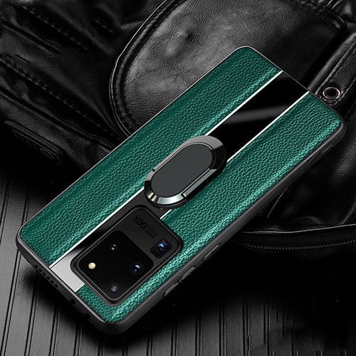 Soft Silicone Gel Leather Snap On Case Cover with Magnetic Finger Ring Stand T04 for Samsung Galaxy S20 Ultra 5G Green