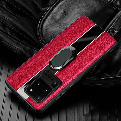 Soft Silicone Gel Leather Snap On Case Cover with Magnetic Finger Ring Stand T04 for Samsung Galaxy S20 Ultra 5G Red
