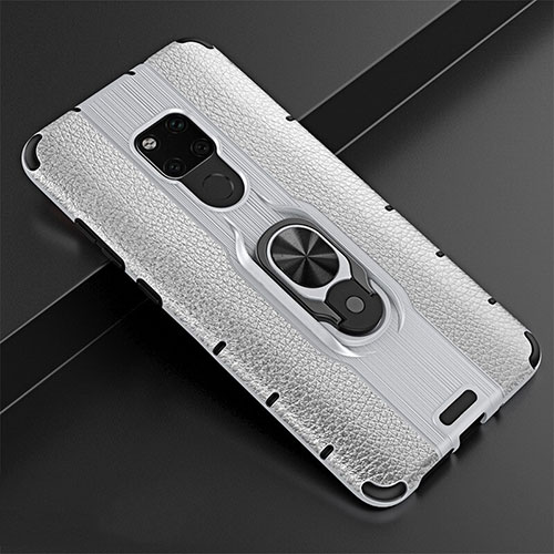 Soft Silicone Gel Leather Snap On Case Cover with Magnetic Finger Ring Stand T05 for Huawei Mate 20 Silver