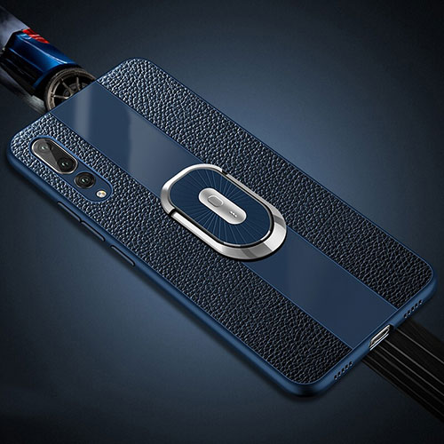 Soft Silicone Gel Leather Snap On Case Cover with Magnetic Finger Ring Stand T05 for Huawei P20 Pro Blue