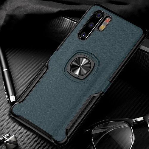 Soft Silicone Gel Leather Snap On Case Cover with Magnetic Finger Ring Stand T05 for Huawei P30 Pro Green