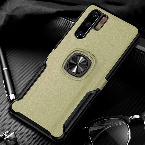 Soft Silicone Gel Leather Snap On Case Cover with Magnetic Finger Ring Stand T05 for Huawei P30 Pro New Edition Gold
