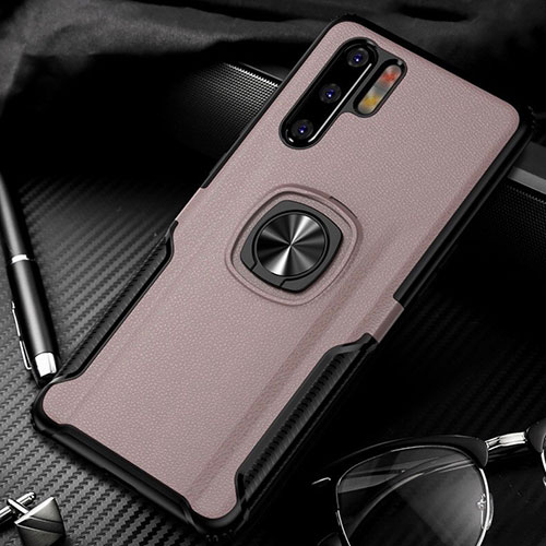 Soft Silicone Gel Leather Snap On Case Cover with Magnetic Finger Ring Stand T05 for Huawei P30 Pro New Edition Rose Gold