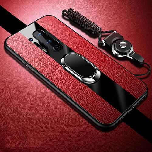 Soft Silicone Gel Leather Snap On Case Cover with Magnetic Finger Ring Stand T05 for OnePlus 8 Pro Red