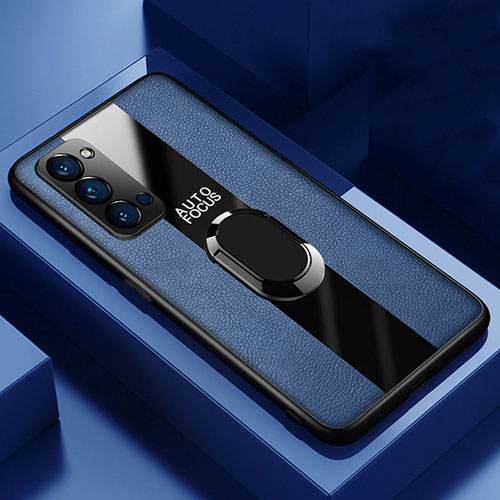 Soft Silicone Gel Leather Snap On Case Cover with Magnetic Finger Ring Stand T05 for Oppo Reno4 5G Blue