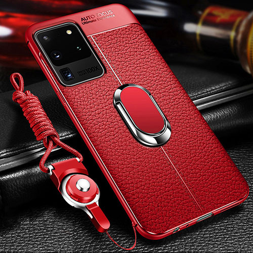 Soft Silicone Gel Leather Snap On Case Cover with Magnetic Finger Ring Stand WL1 for Samsung Galaxy S20 Ultra 5G Red