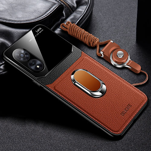Soft Silicone Gel Leather Snap On Case Cover with Magnetic FL1 for Oppo A58x 5G Brown
