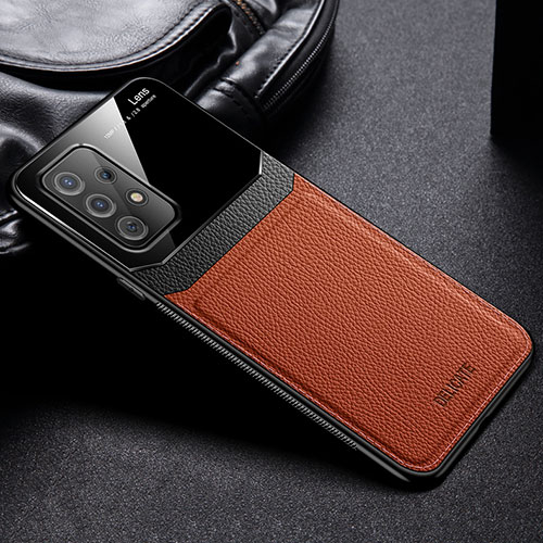 Soft Silicone Gel Leather Snap On Case Cover with Magnetic FL1 for Samsung Galaxy A52 5G Brown