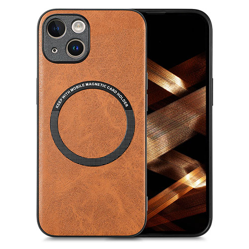 Soft Silicone Gel Leather Snap On Case Cover with Magnetic S02D for Apple iPhone 14 Plus Brown