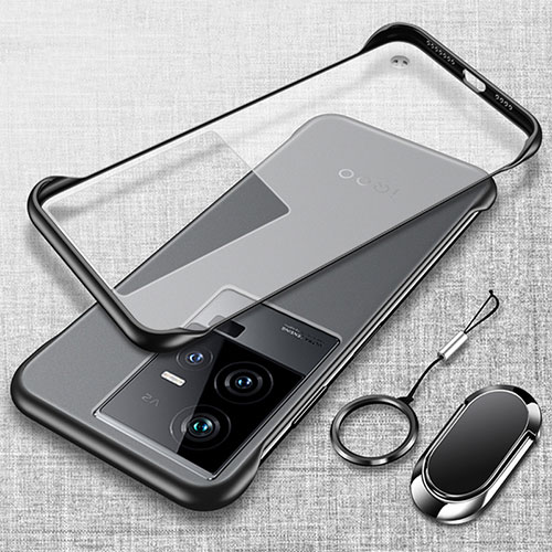 Transparent Crystal Frameless Hard Case Back Cover with Magnetic Finger Ring Stand for Vivo iQOO 11 5G Black