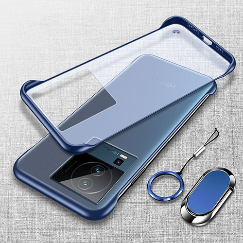 Transparent Crystal Frameless Hard Case Back Cover with Magnetic Finger Ring Stand for Vivo iQOO Neo7 5G Blue