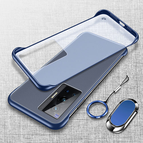 Transparent Crystal Frameless Hard Case Back Cover with Magnetic Finger Ring Stand for Vivo X70 Pro 5G Blue