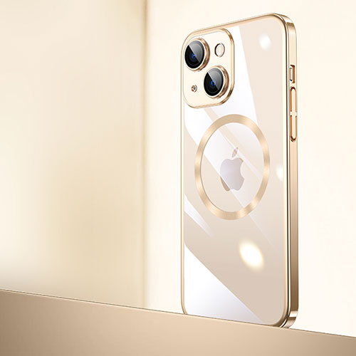 Transparent Crystal Hard Case Back Cover with Mag-Safe Magnetic QC2 for Apple iPhone 14 Gold