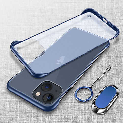 Transparent Crystal Hard Case Back Cover with Magnetic Finger Ring Stand for Apple iPhone 13 Mini Blue