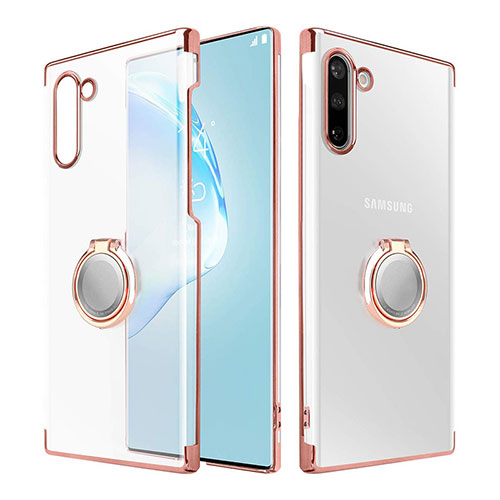 Transparent Crystal Hard Rigid Case Back Cover with Magnetic Finger Ring Stand for Samsung Galaxy Note 10 Rose Gold