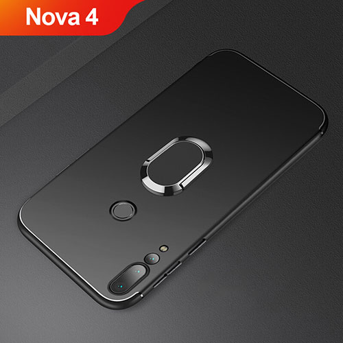 Ultra-thin Silicone Gel Soft Case Cover with Magnetic Finger Ring Stand A01 for Huawei Nova 4 Black