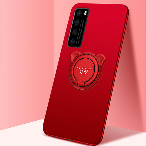 Ultra-thin Silicone Gel Soft Case Cover with Magnetic Finger Ring Stand A01 for Huawei Nova 7 5G Red