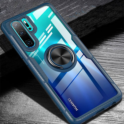 Ultra-thin Silicone Gel Soft Case Cover with Magnetic Finger Ring Stand A01 for Huawei P30 Pro New Edition Blue