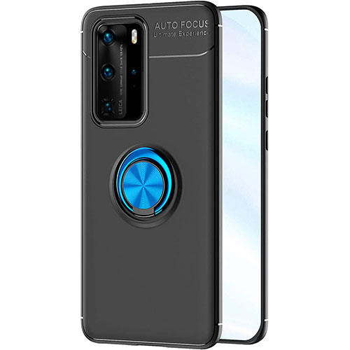 Ultra-thin Silicone Gel Soft Case Cover with Magnetic Finger Ring Stand A01 for Huawei P40 Pro Blue and Black