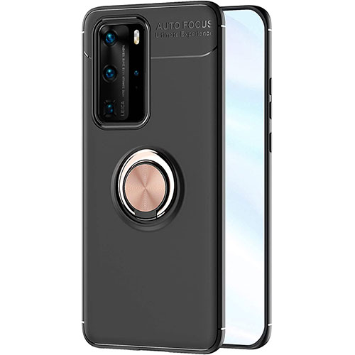 Ultra-thin Silicone Gel Soft Case Cover with Magnetic Finger Ring Stand A01 for Huawei P40 Pro Gold and Black