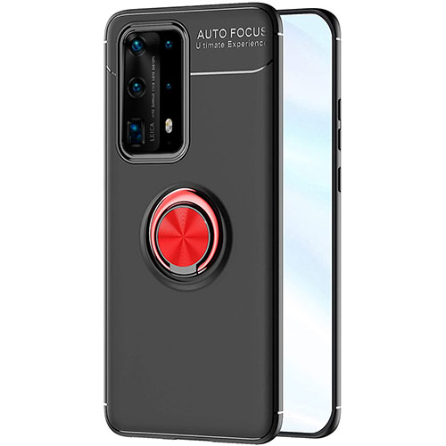 Ultra-thin Silicone Gel Soft Case Cover with Magnetic Finger Ring Stand A01 for Huawei P40 Pro+ Plus Red and Black