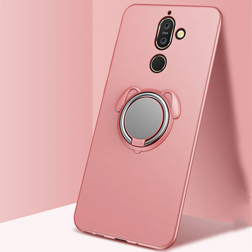 Ultra-thin Silicone Gel Soft Case Cover with Magnetic Finger Ring Stand A02 for Nokia 7 Plus Rose Gold