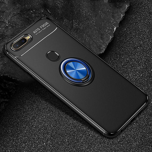 Ultra-thin Silicone Gel Soft Case Cover with Magnetic Finger Ring Stand A02 for Oppo A7 Blue and Black