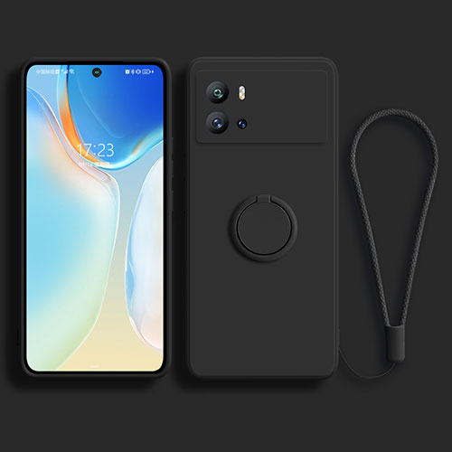 Ultra-thin Silicone Gel Soft Case Cover with Magnetic Finger Ring Stand A03 for Vivo iQOO 9 Pro 5G Black