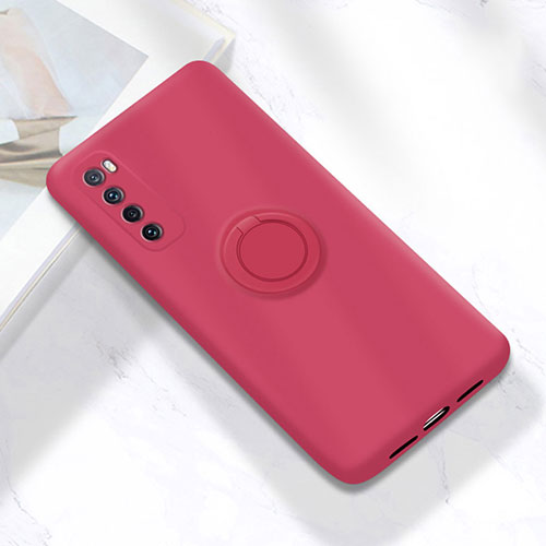 Ultra-thin Silicone Gel Soft Case Cover with Magnetic Finger Ring Stand A04 for Huawei Nova 7 5G Red