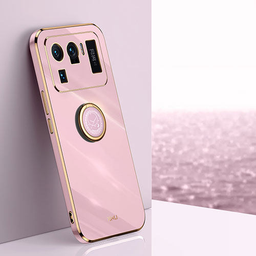 Ultra-thin Silicone Gel Soft Case Cover with Magnetic Finger Ring Stand A06 for Xiaomi Mi 11 Ultra 5G Pink